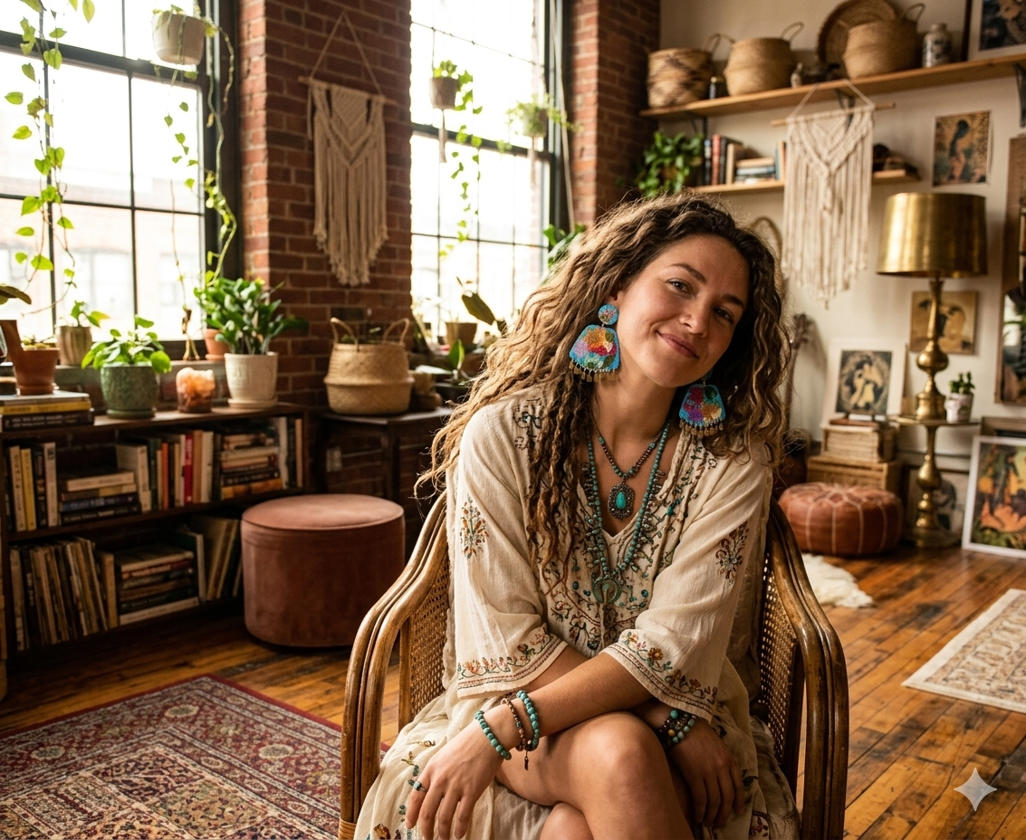 Floral Boho Dangle Square Fringe Blue Multi Floral