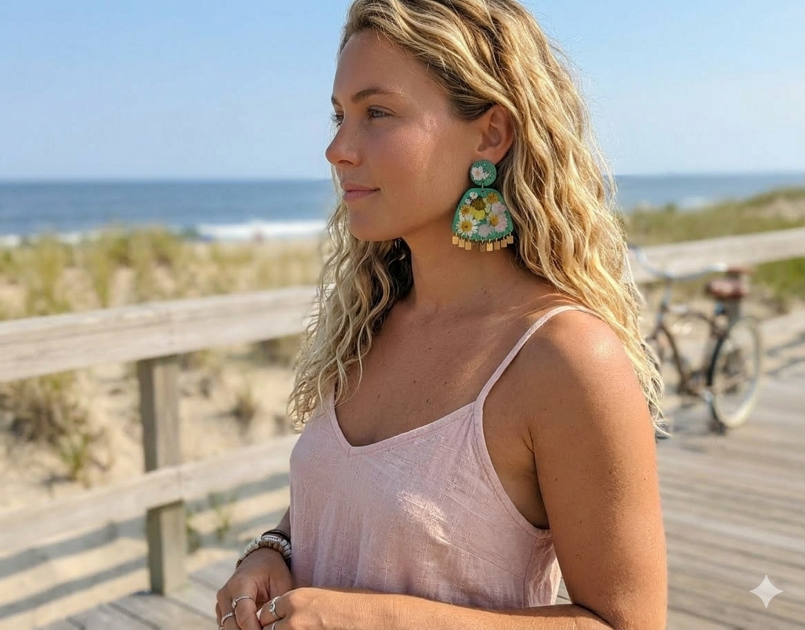 Floral Boho Dangle Square Fringe Green Multi Floral