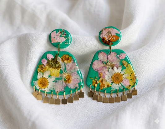 Floral Boho Dangle Square Fringe Green Multi Floral