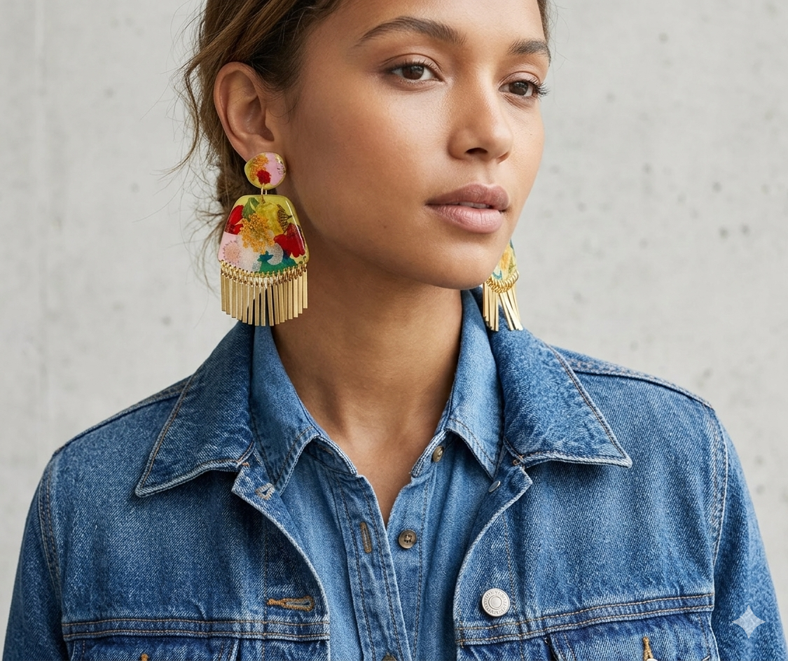 Floral Boho Dangle Fringe Chartreuse Yellow Multi Earrings