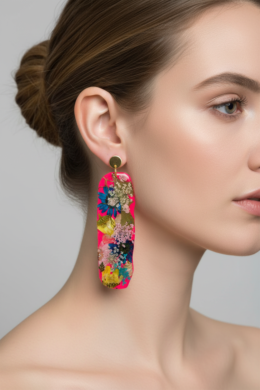 Floral earrings with a pink background on a white surface