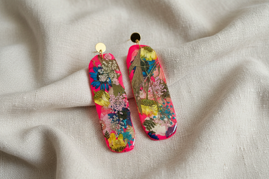"Big Time" Floral Boho Dangle Stud Neon Pink Earrings