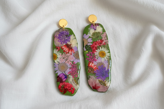 "Big Time" Floral Boho Dangle Stud Olive Earrings
