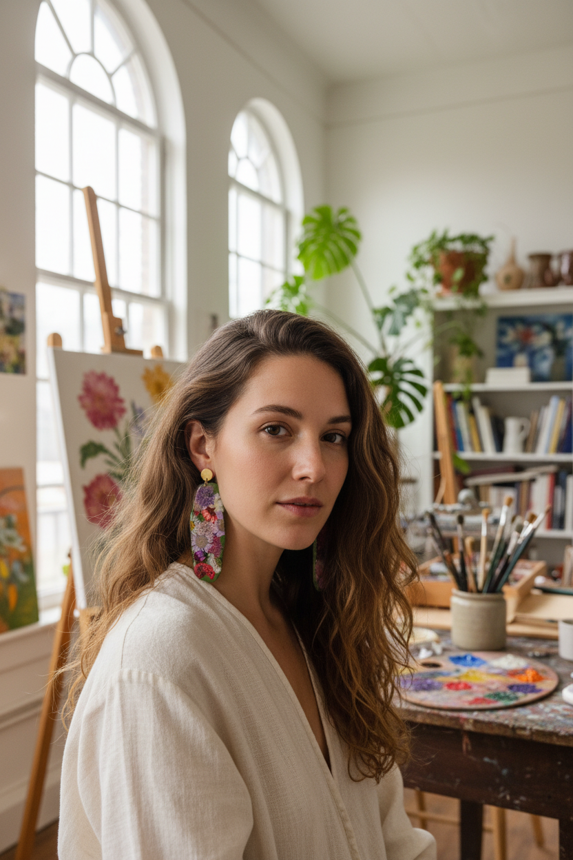 "Big Time" Floral Boho Dangle Stud Olive Earrings