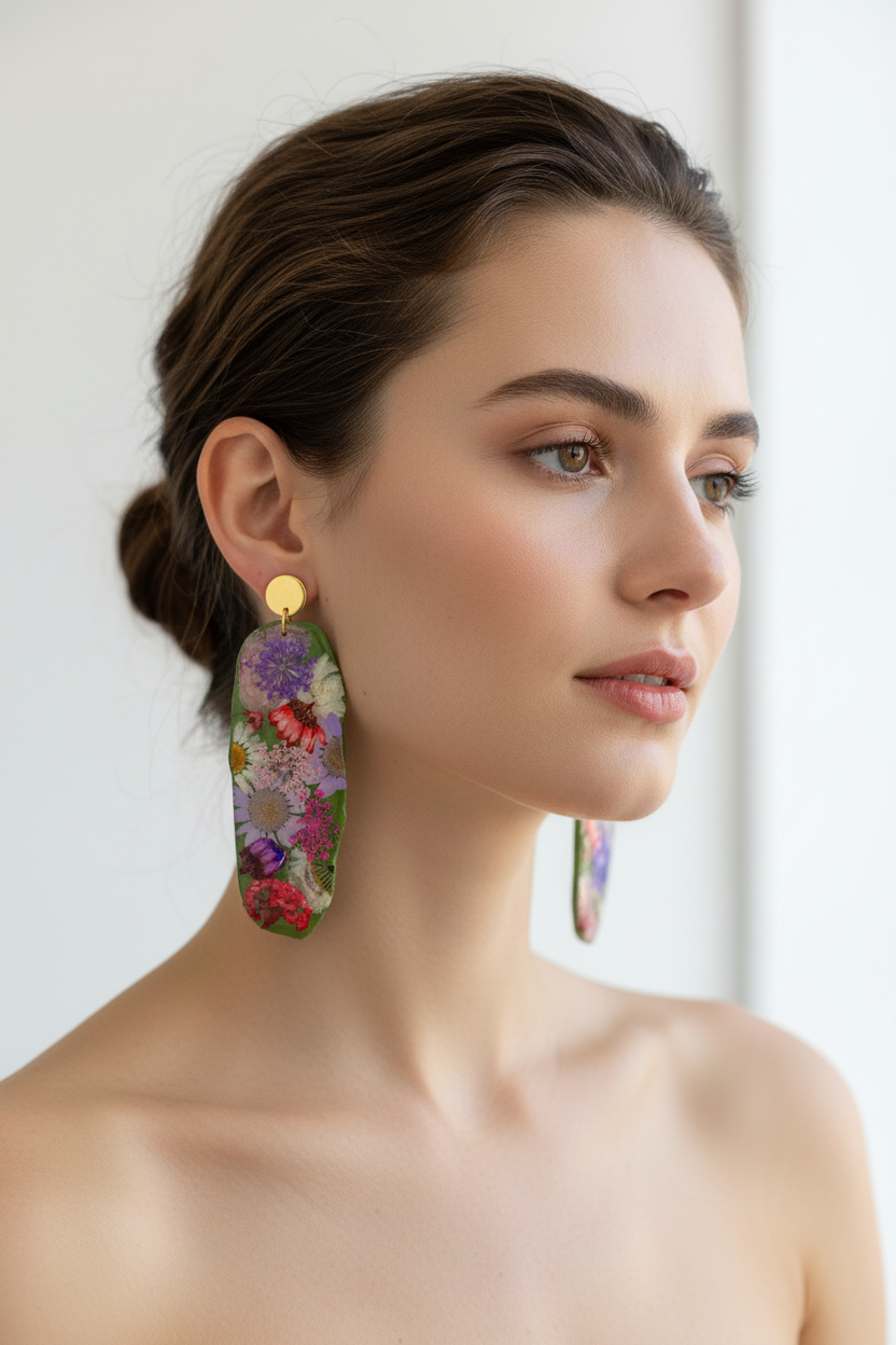 "Big Time" Floral Boho Dangle Stud Olive Earrings