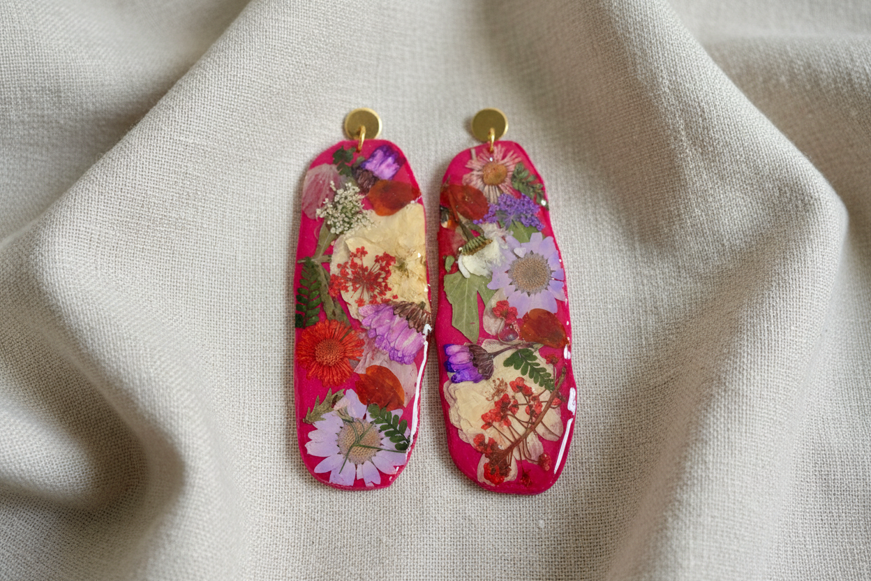 "Big Time" Floral Boho Dangle Stud Fuchsia Earrings