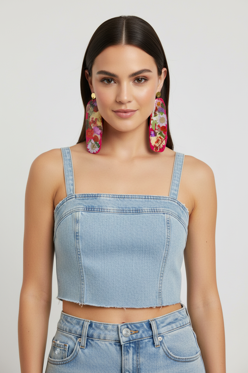 "Big Time" Floral Boho Dangle Stud Fuchsia Earrings