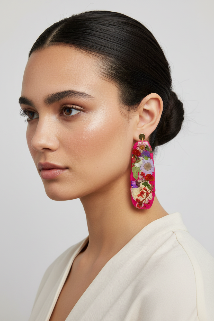 "Big Time" Floral Boho Dangle Stud Fuchsia Earrings