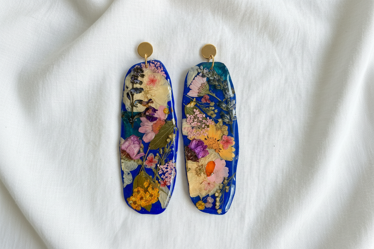"Big Time" Floral Boho Dangle Stud Royal Blue Earrings