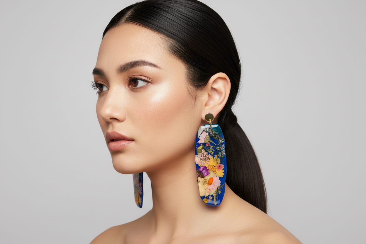 "Big Time" Floral Boho Dangle Stud Royal Blue Earrings