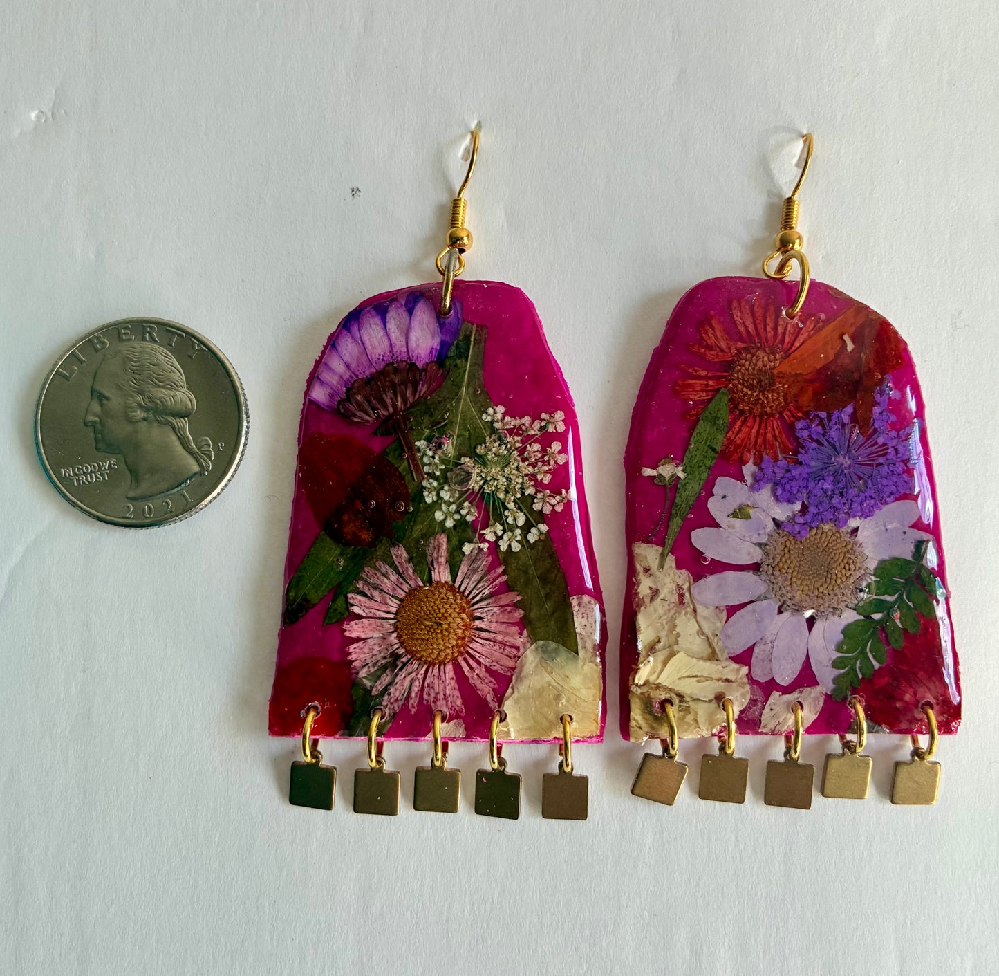 Floral Boho Dangle Square Fringe Fuchsia Multi Floral Earrings