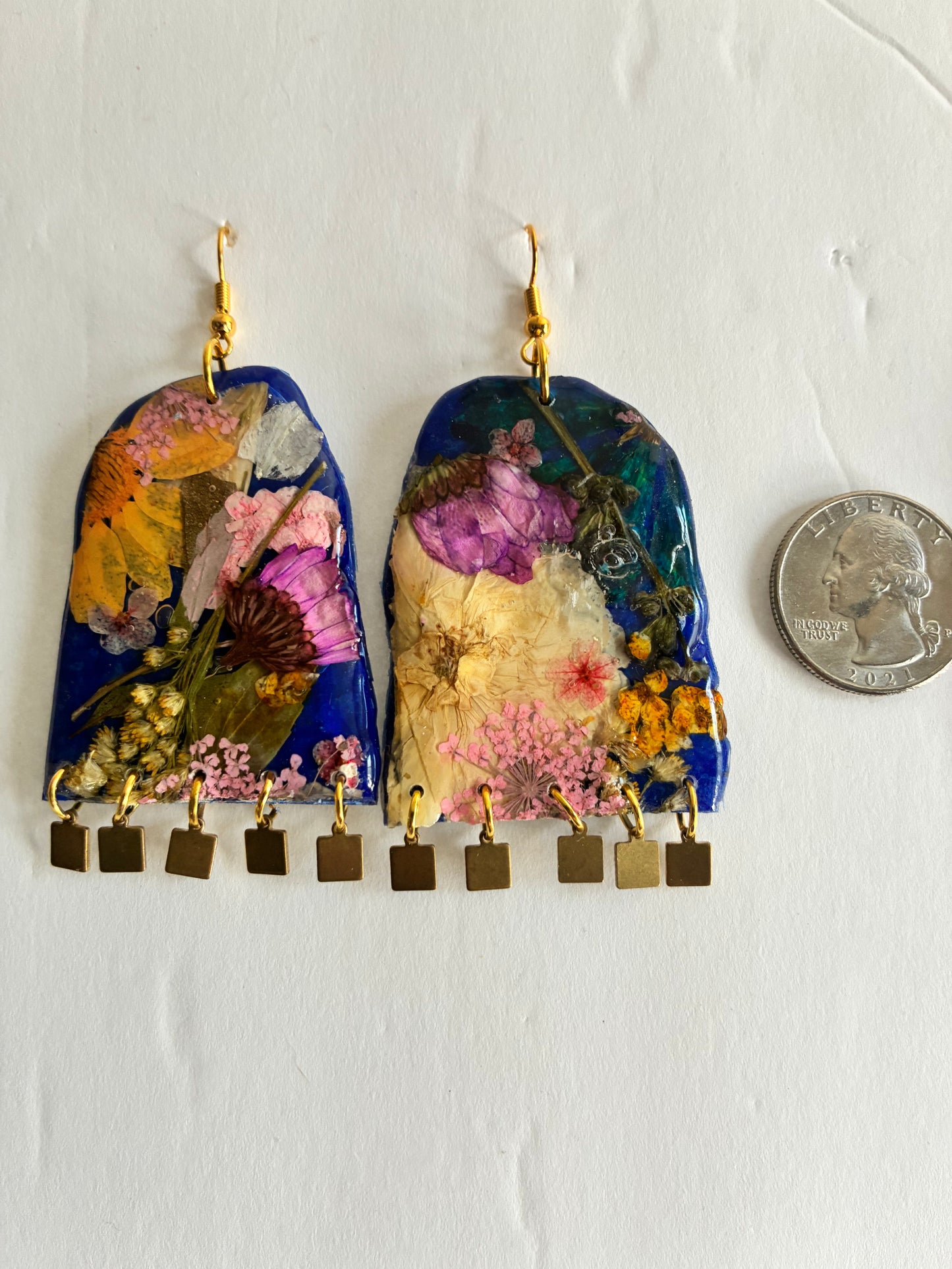 Floral Boho Dangle Square Fringe Royal Blue Multi Floral Earrings