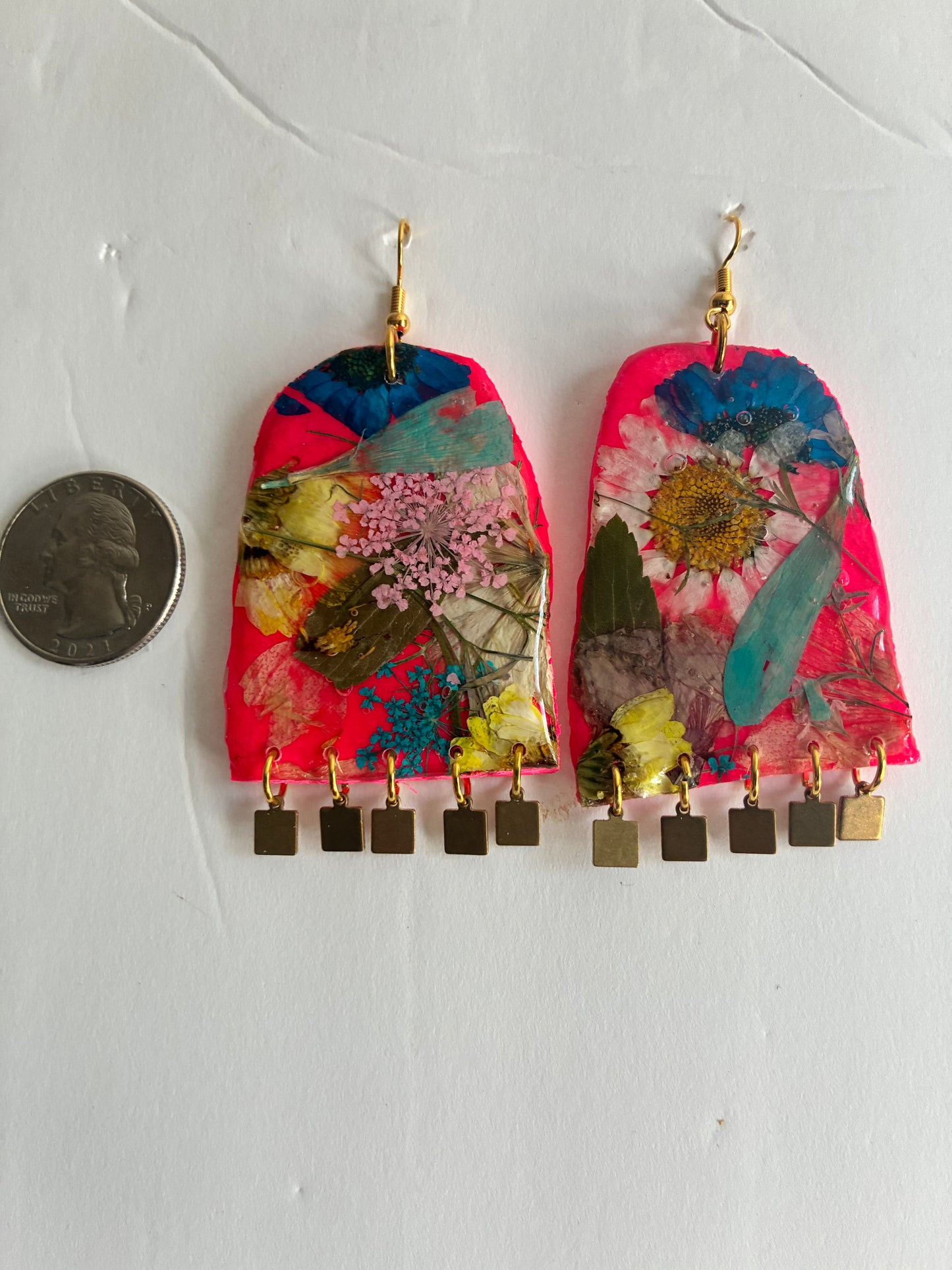 Floral Boho Dangle Square Fringe Neon Pink Multi Floral Earrings