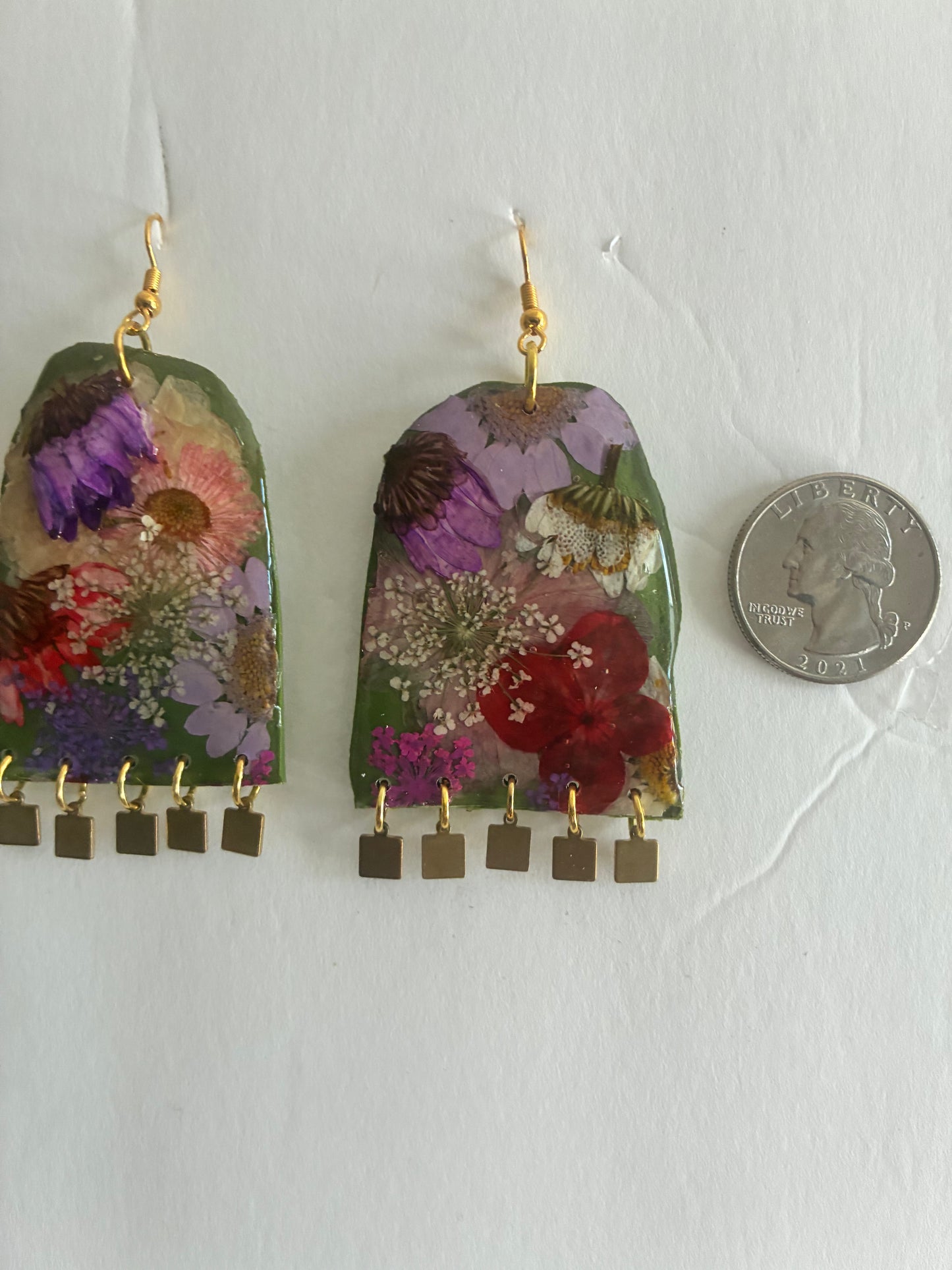 Floral Boho Dangle Square Fringe Olive Multi Floral Earrings