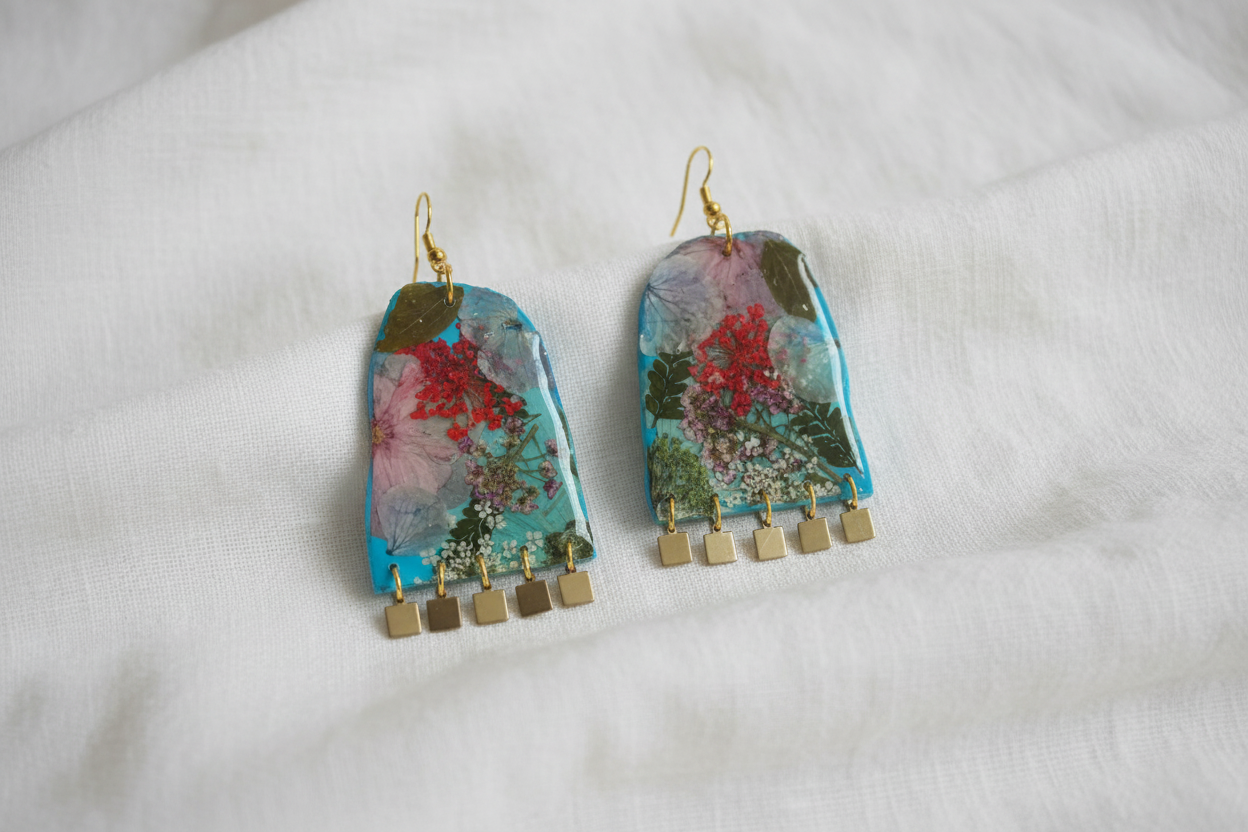 Floral Boho Dangle Square Fringe Sky Blue Multi Floral Earrings