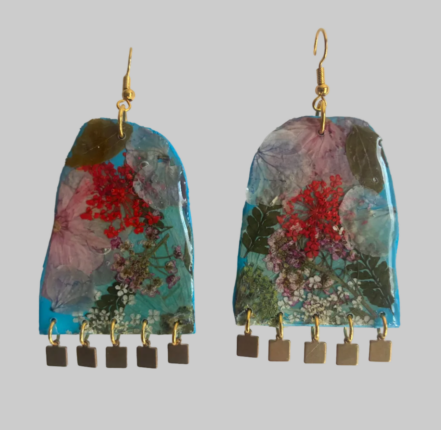 Floral Boho Dangle Square Fringe Sky Blue Multi Floral Earrings