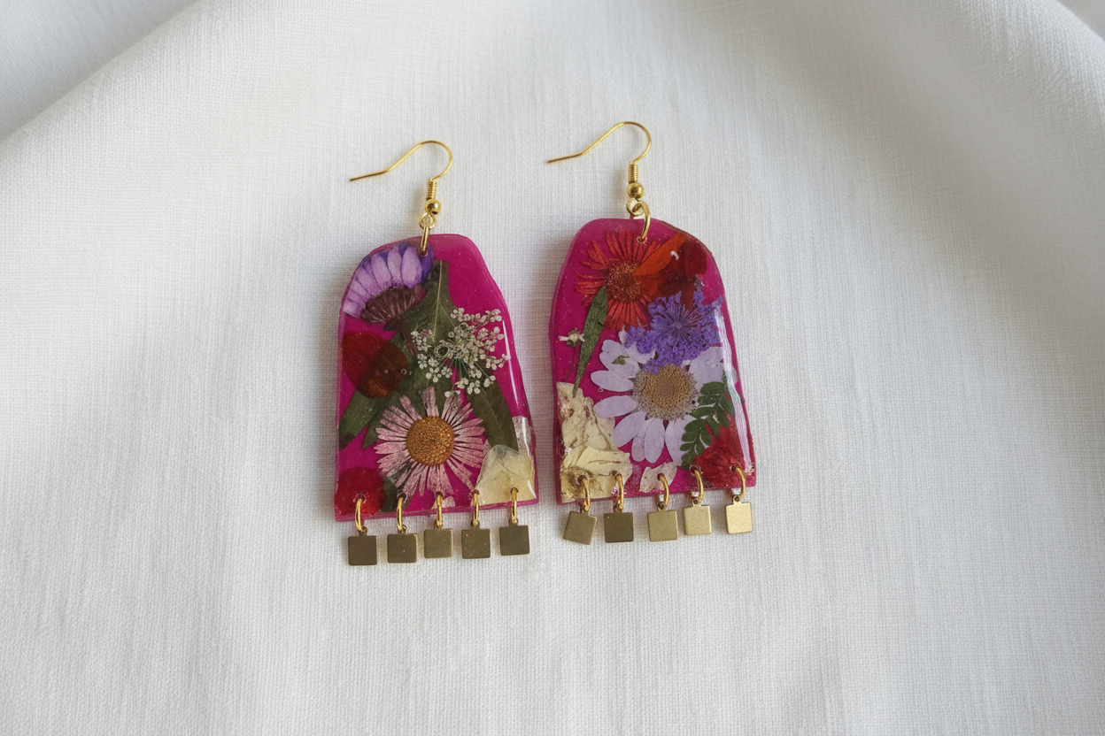 Floral Boho Dangle Square Fringe Fuchsia Multi Floral Earrings