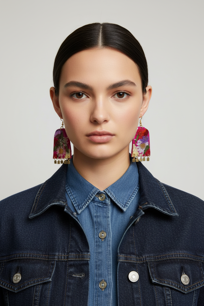 Floral Boho Dangle Square Fringe Fuchsia Multi Floral Earrings