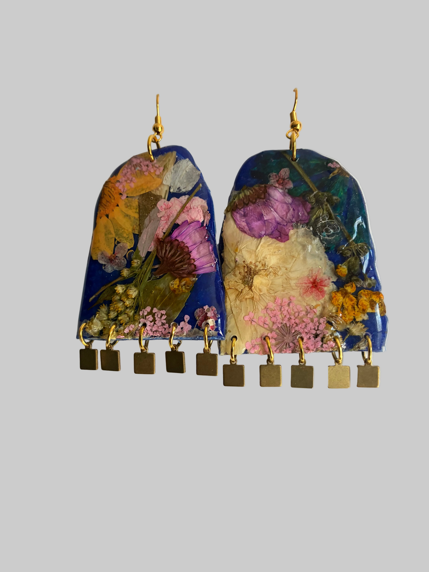 Floral Boho Dangle Square Fringe Royal Blue Multi Floral Earrings