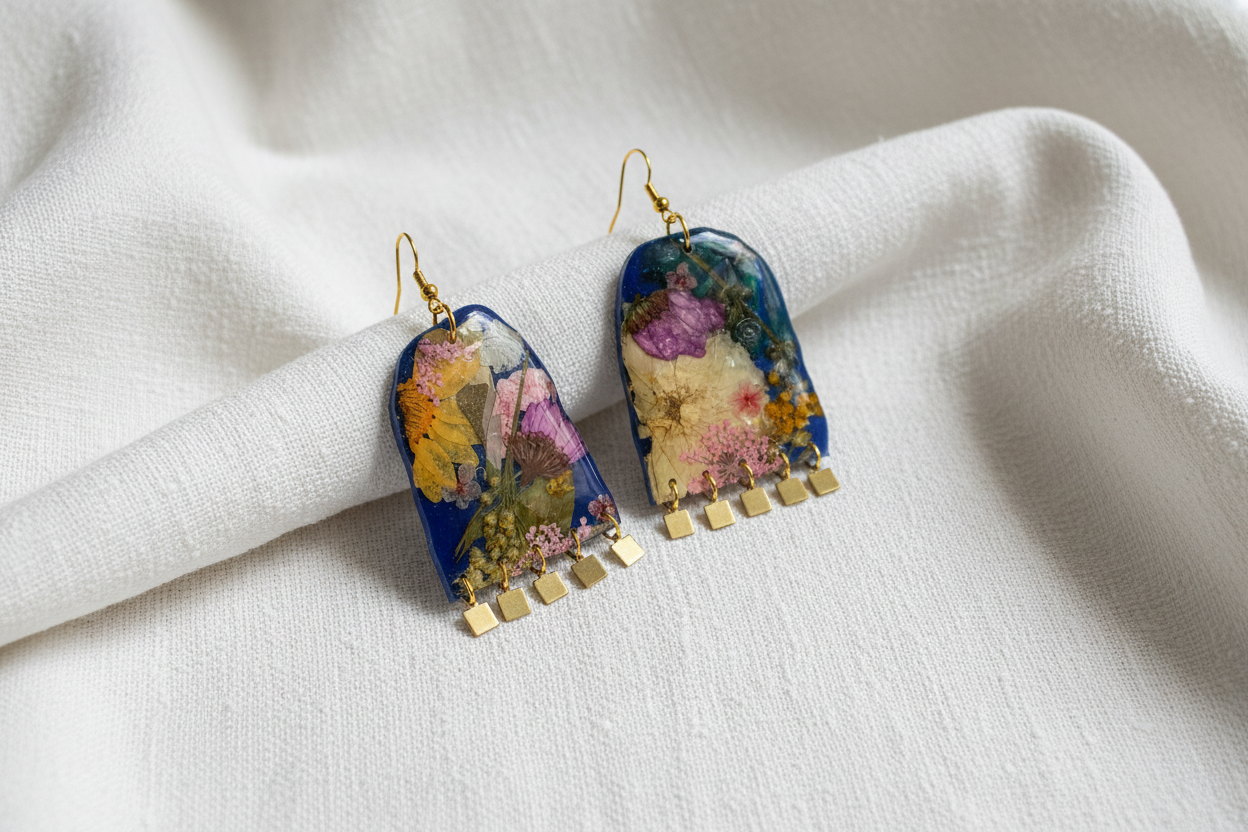 Floral Boho Dangle Square Fringe Royal Blue Multi Floral Earrings