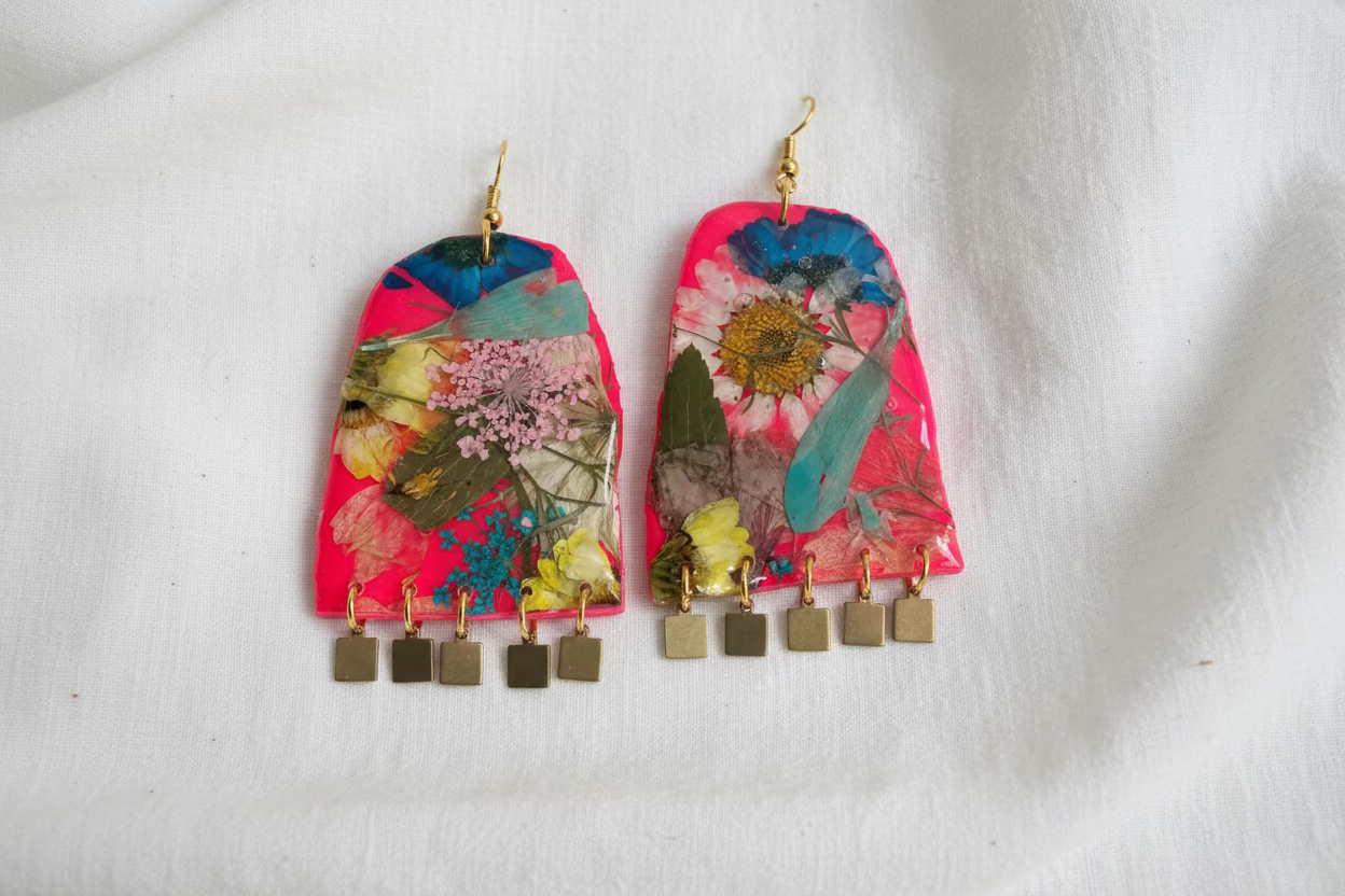 Floral Boho Dangle Square Fringe Neon Pink Multi Floral Earrings