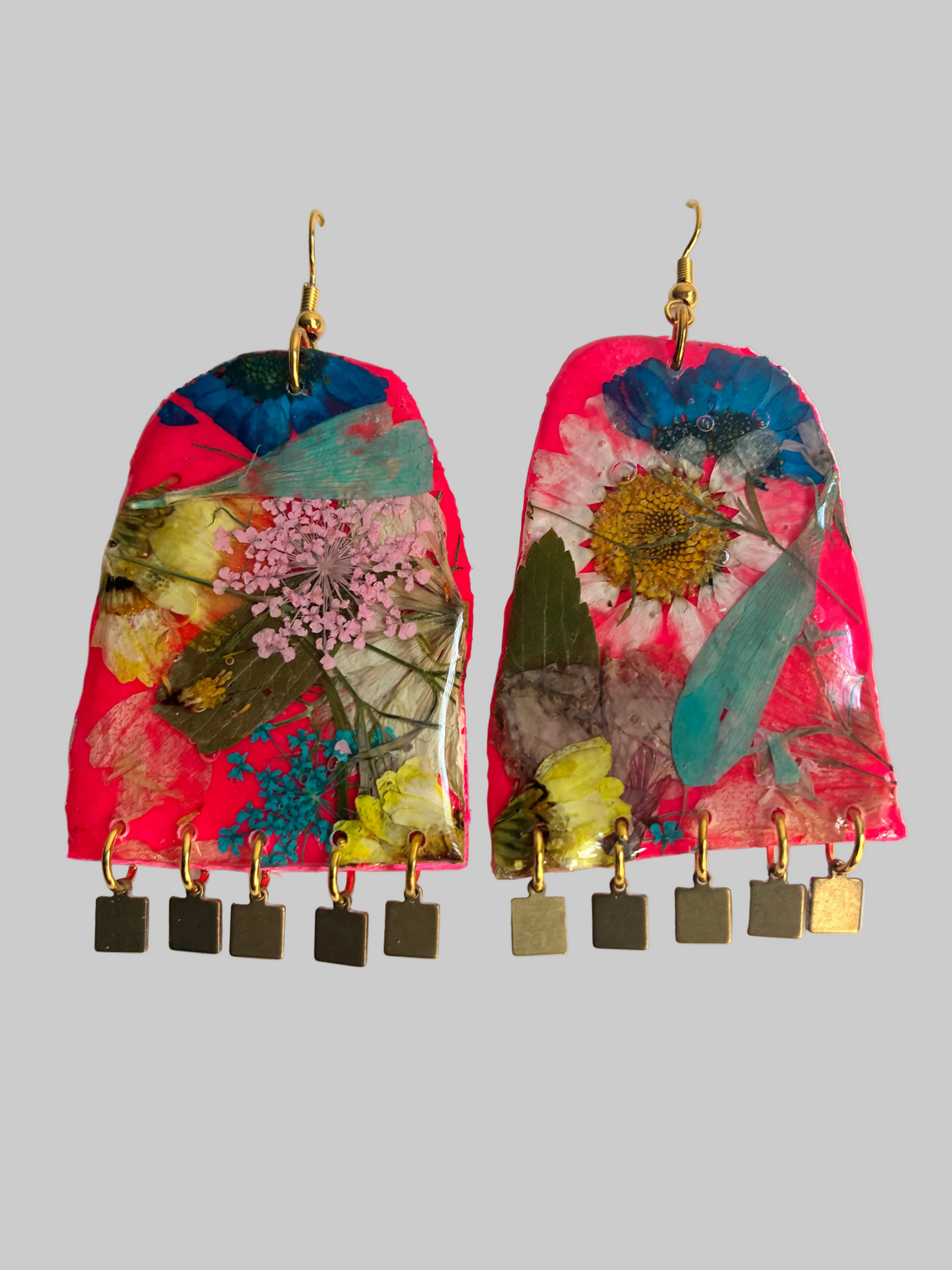 Floral Boho Dangle Square Fringe Neon Pink Multi Floral Earrings