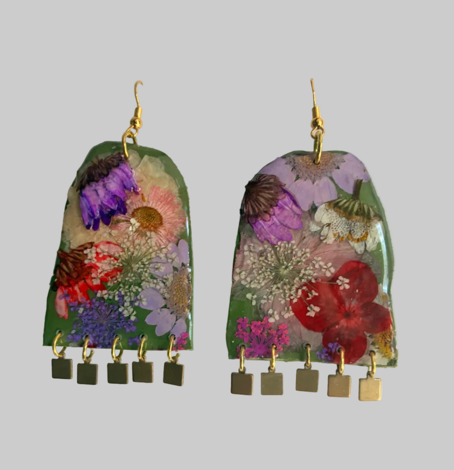 Floral Boho Dangle Square Fringe Olive Multi Floral Earrings
