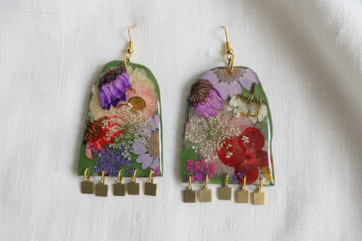 Floral Boho Dangle Square Fringe Olive Multi Floral Earrings