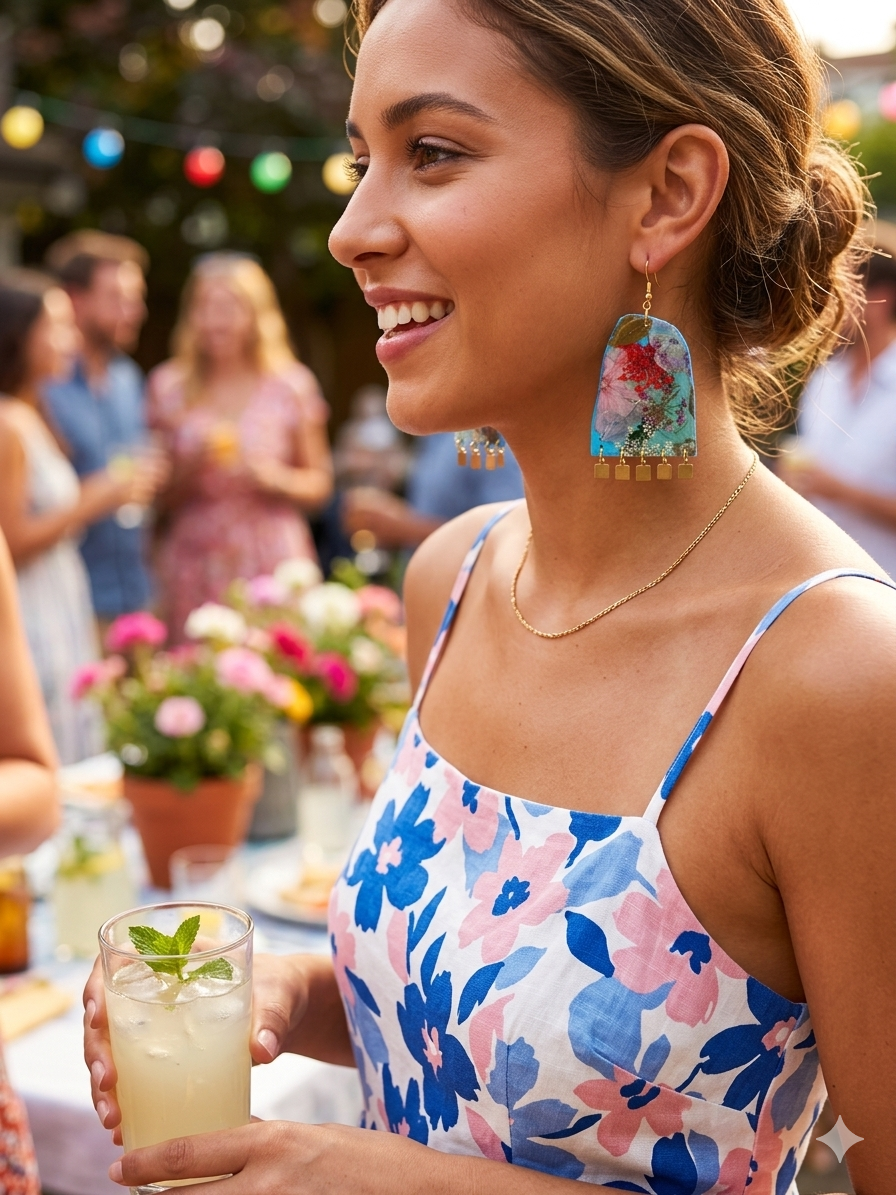 Floral Boho Dangle Square Fringe Sky Blue Multi Floral Earrings