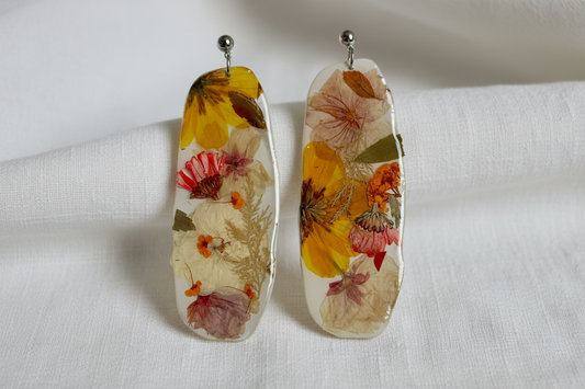 "Big Time" Floral Boho Dangle Stud White Earrings
