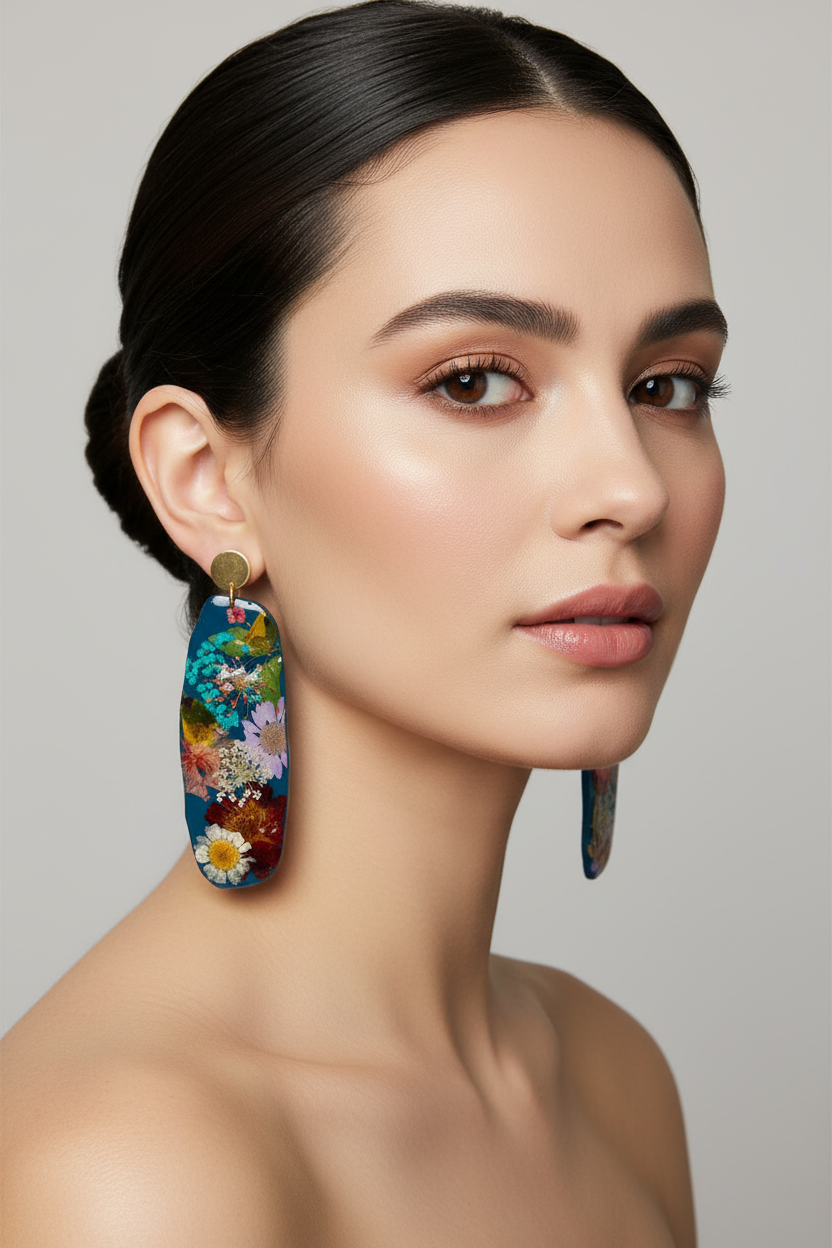 "Big Time" Floral Boho Dangle Stud Navy Blue Earrings