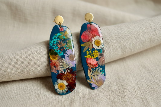 "Big Time" Floral Boho Dangle Stud Navy Blue Earrings