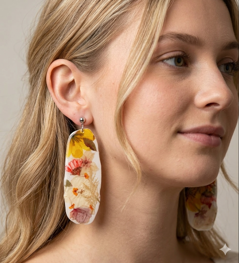 "Big Time" Floral Boho Dangle Stud White Earrings