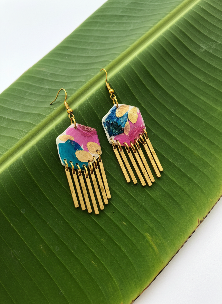 Hexagon floral polymer clay with brass fringe dangle hardware.