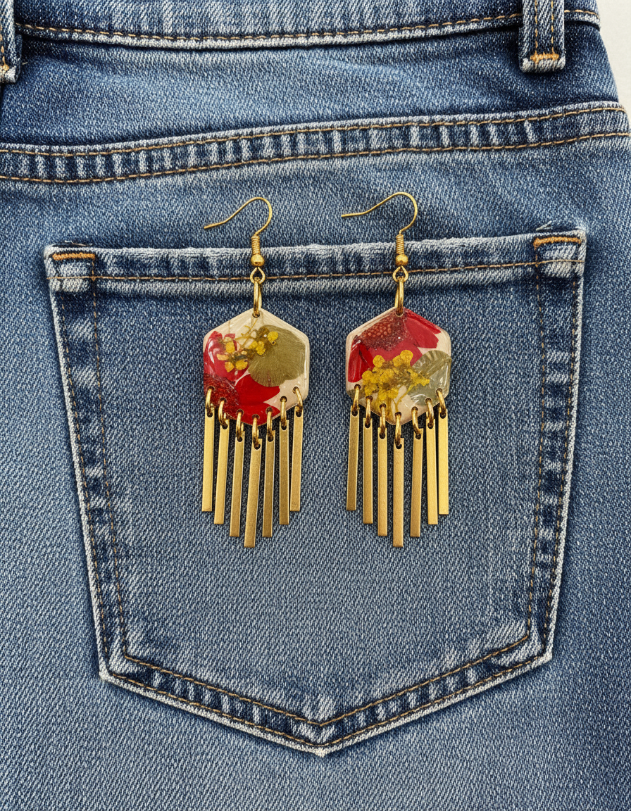 Hexagon floral polymer clay with brass fringe dangle hardware.