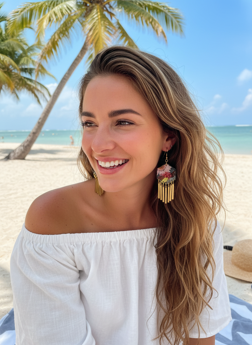 Hexagon floral polymer clay with brass fringe dangle hardware.