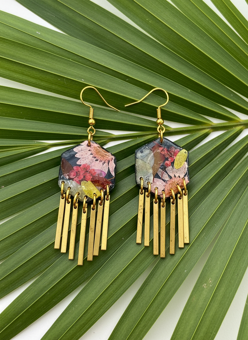 Hexagon floral polymer clay with brass fringe dangle hardware.