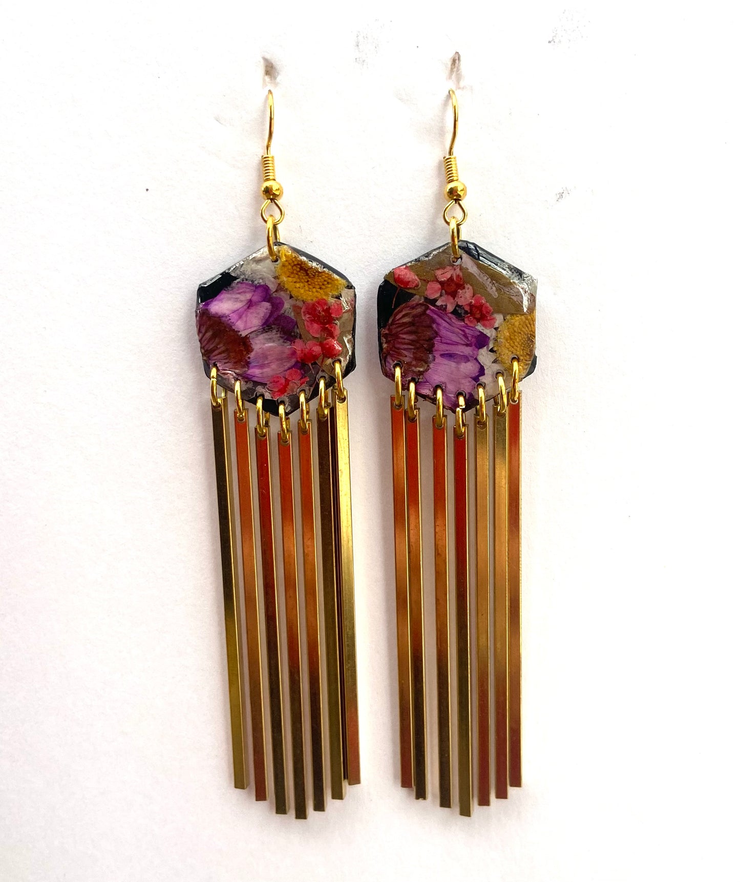 Hexagon dangle floral polymer clay with brass fringe dangle hardware.