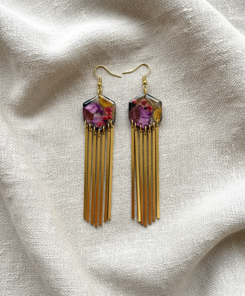 Hexagon dangle floral polymer clay with brass fringe dangle hardware.