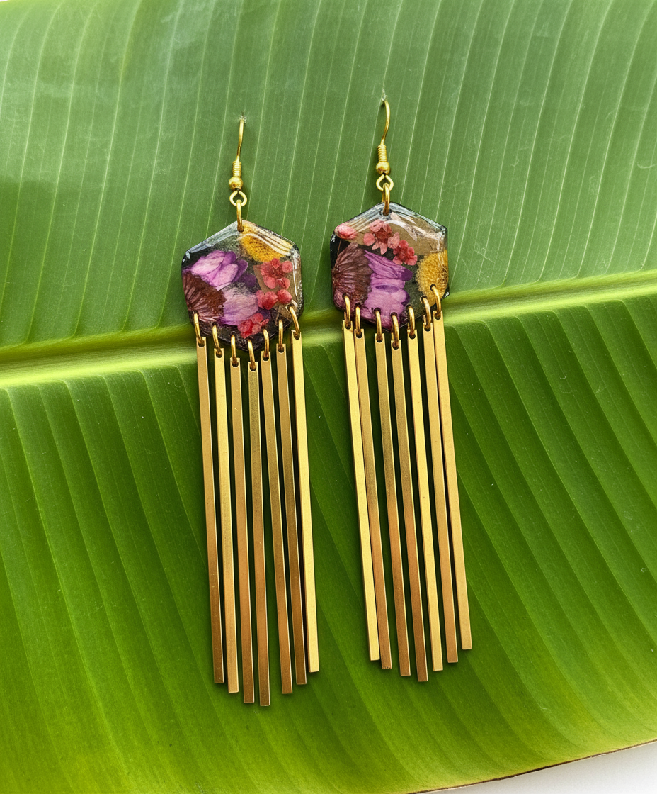 Hexagon dangle floral polymer clay with brass fringe dangle hardware.