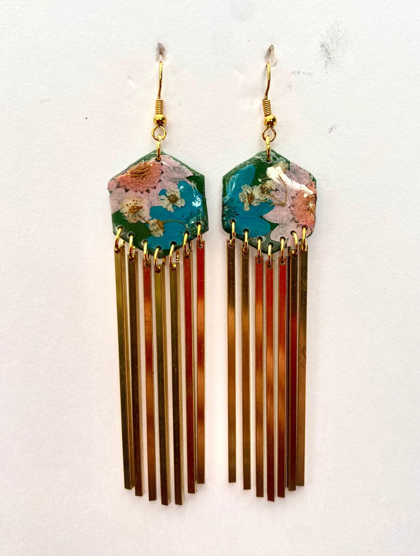 Hexagon dangle green polymer clay with brass fringe dangle hardware.