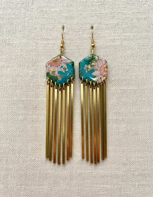 Hexagon dangle green polymer clay with brass fringe dangle hardware.