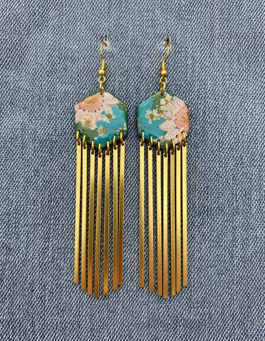 Hexagon dangle green polymer clay with brass fringe dangle hardware.