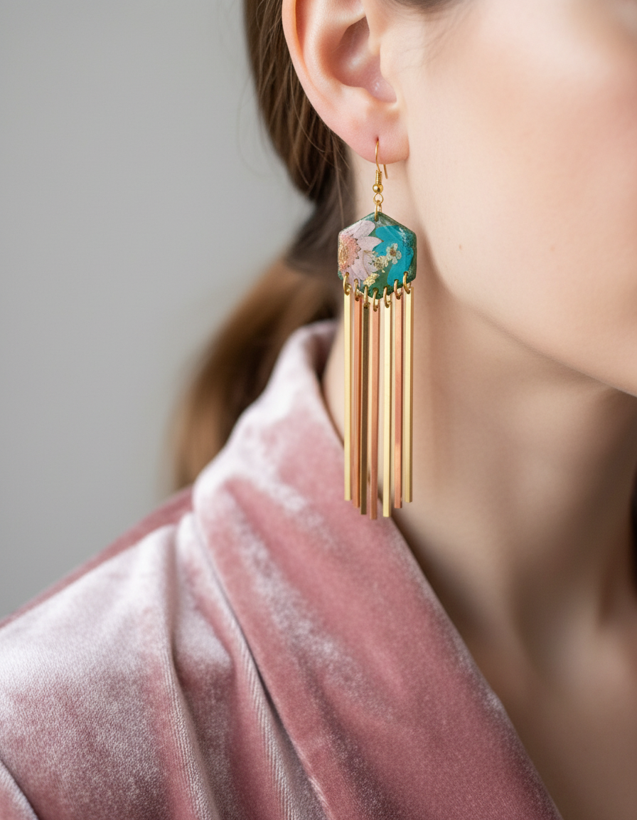 Hexagon dangle green polymer clay with brass fringe dangle hardware.