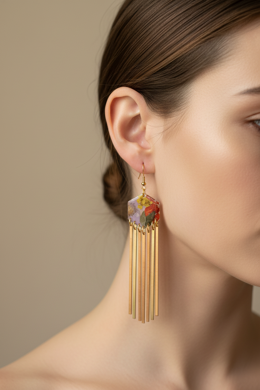 Hexagon dangle polymer clay with brass fringe dangle hardware.