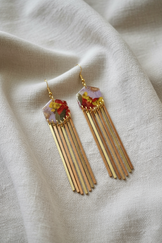 Hexagon dangle polymer clay with brass fringe dangle hardware.