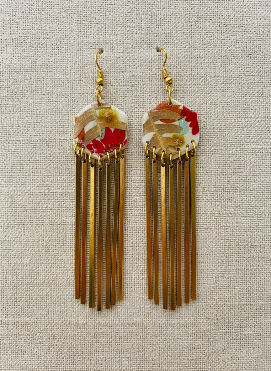 Hexagon dangle polymer clay with brass fringe dangle hardware.