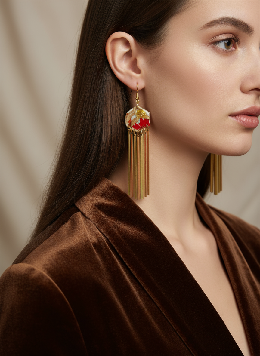 Hexagon dangle polymer clay with brass fringe dangle hardware.