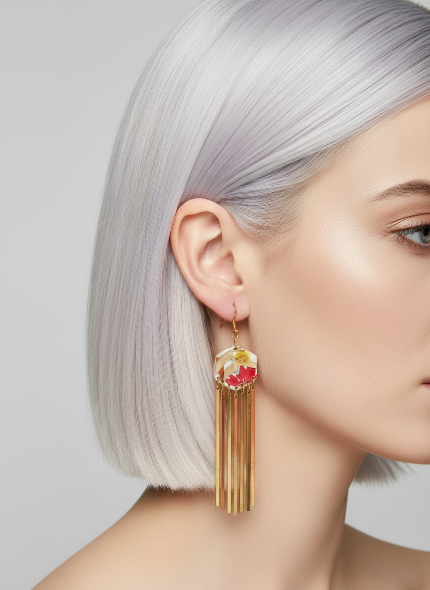 Hexagon dangle polymer clay with brass fringe dangle hardware.