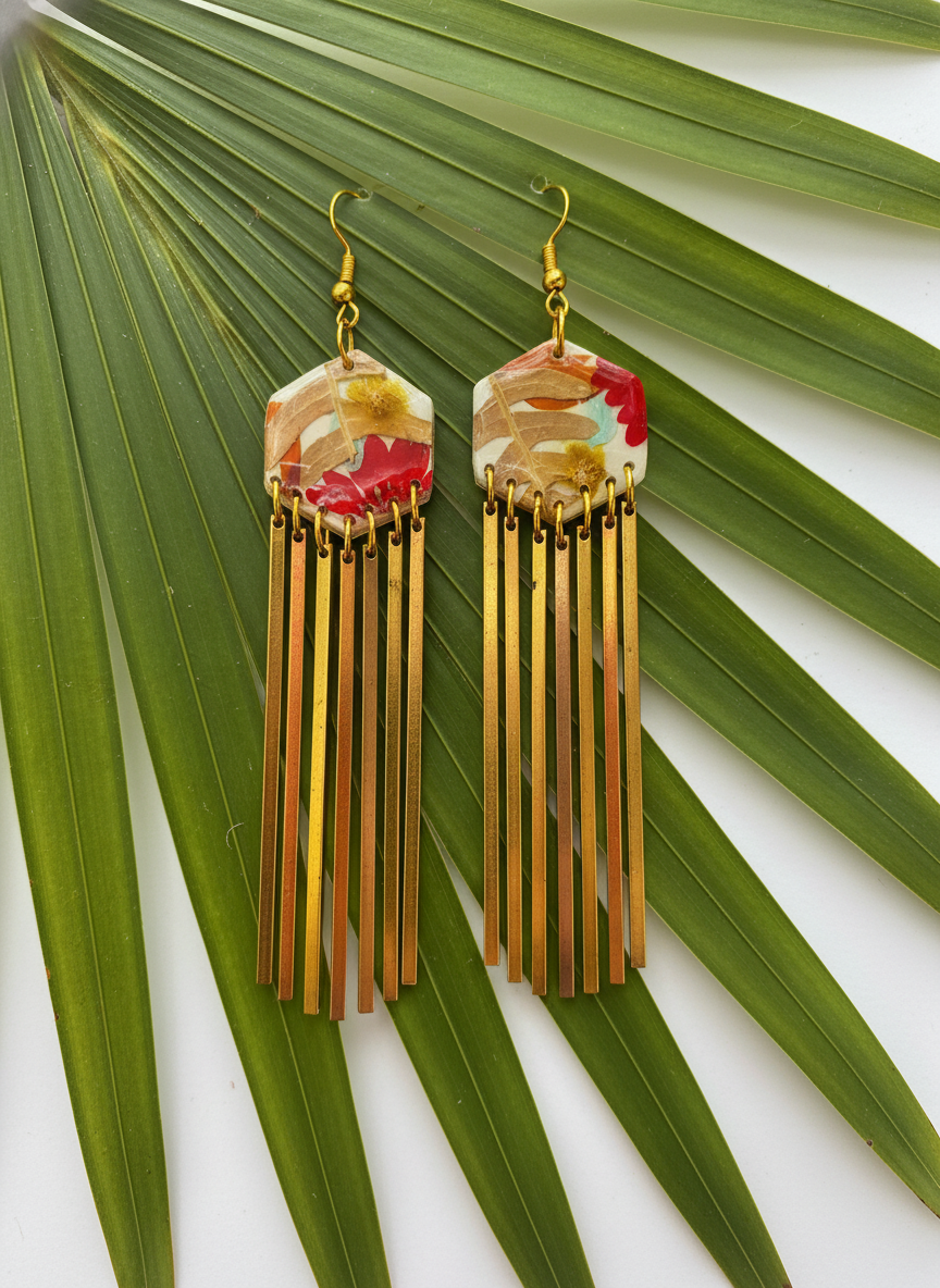 Hexagon dangle polymer clay with brass fringe dangle hardware.